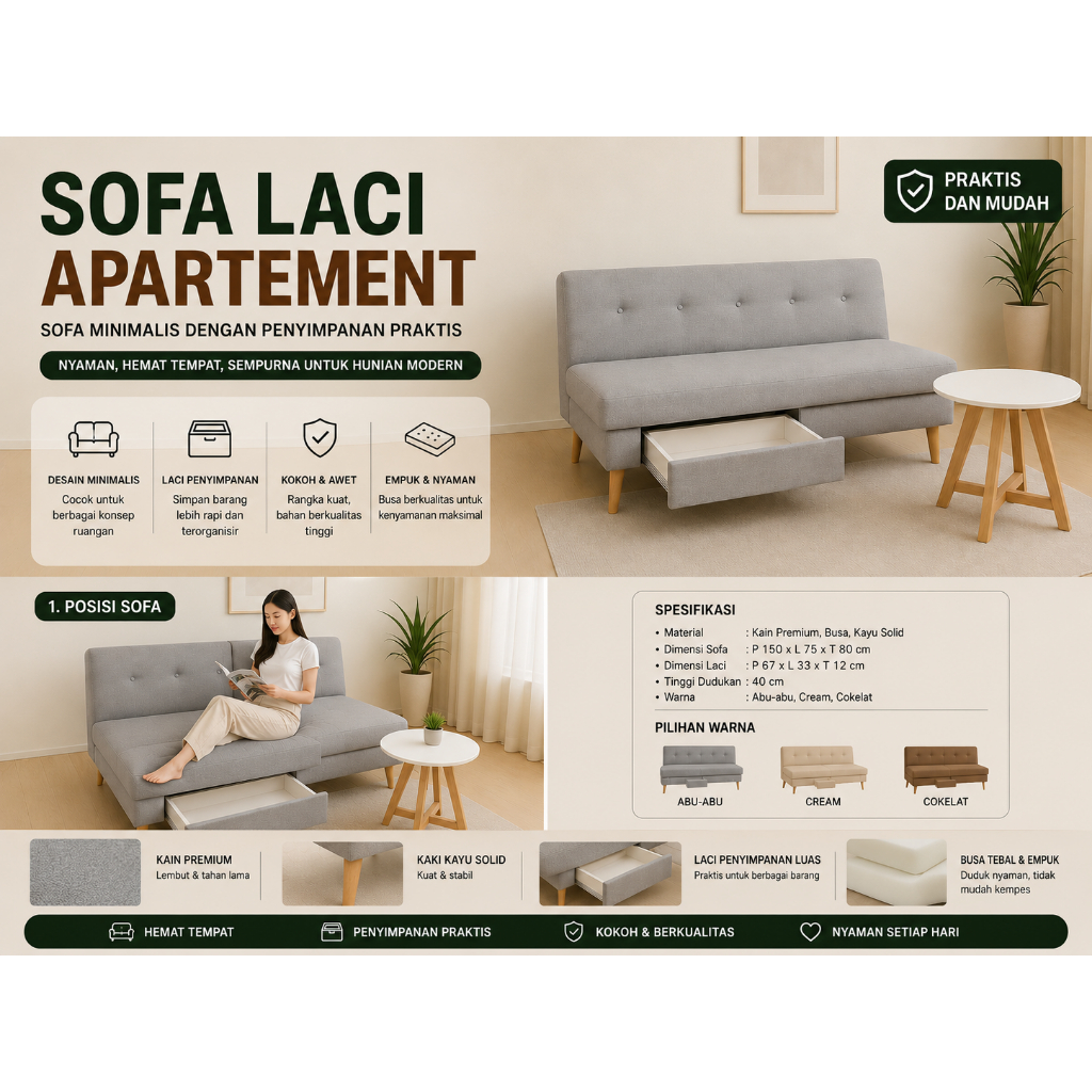 Sofa Apartement - Sofa Minimalis Laci (bonus meja)
