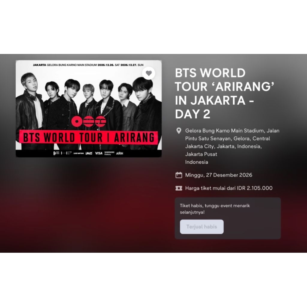 Tiket BTS Arirang 2026 CAT 2