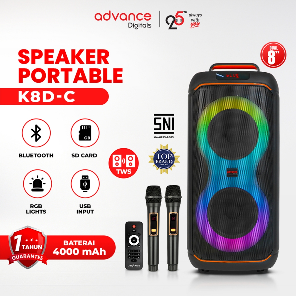 Advance Speaker Aktif Karaoke Box 8 Inch 70 Watt Bluetooth Full Bass RGB 2 Mic Wireless Original Gar