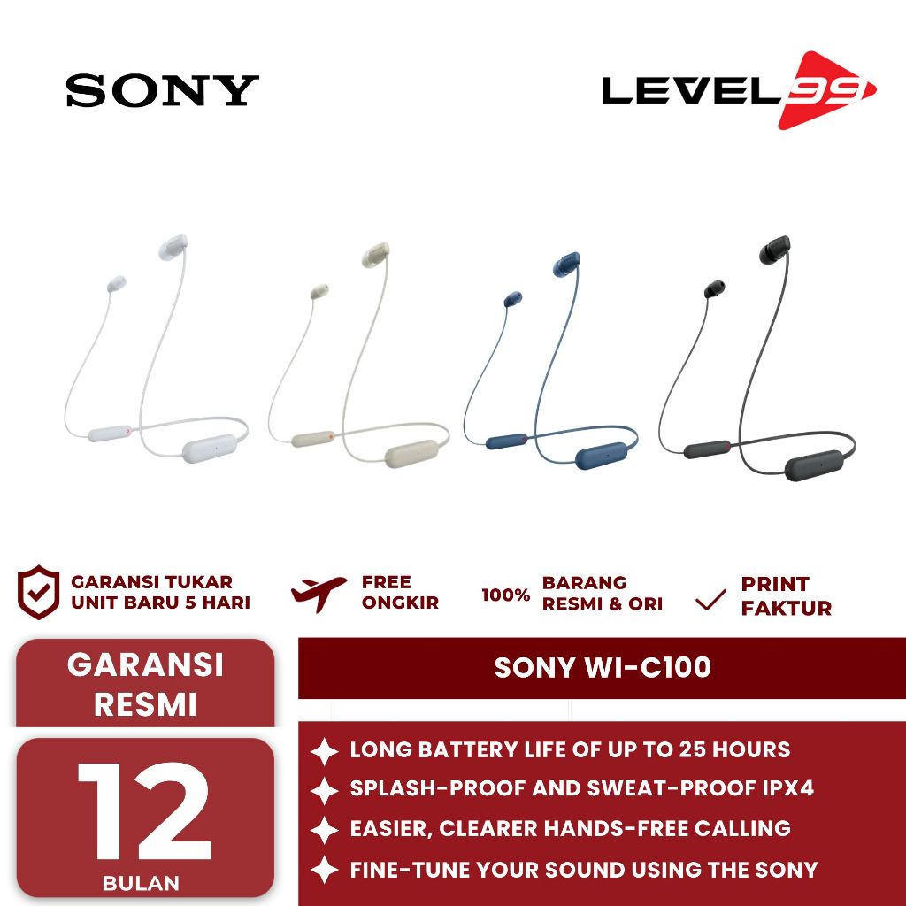 SONY WI-C100 / WI C100 / WIC100 Wireless In-ear Sport Earphone Headphones - TWS SONY IN EAR WI-C100 