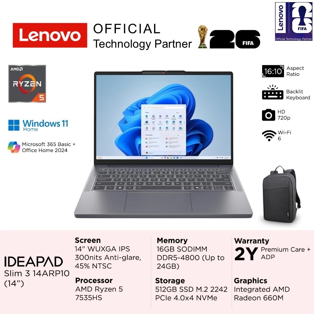 Lenovo IdeaPad 3 Slim 14ARP10 Ryzen 5 7535HS 16GB 512GB Win11+OHS 14" Include Asuransi