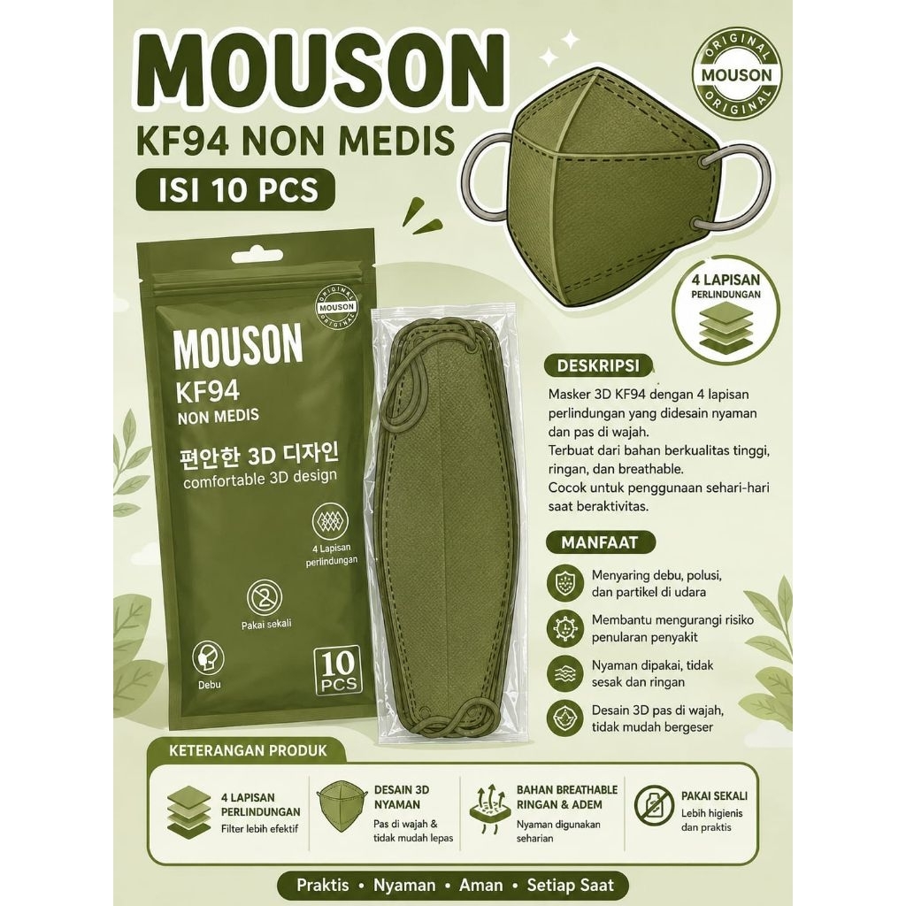 Masker Mouson KF94 isi 10 Ijo Army