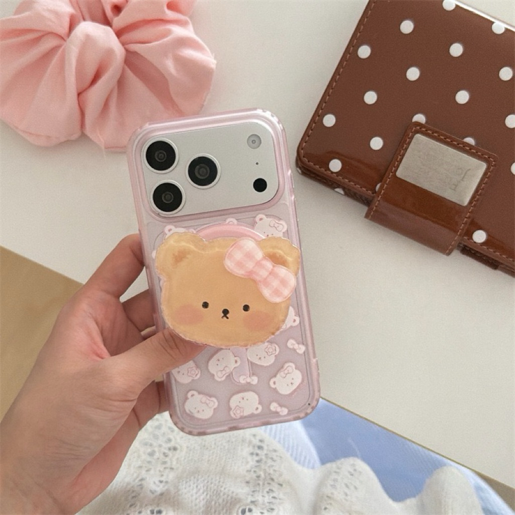 Cute Pink Bow Bear Magnetic Popsocket Magsafe Case Iphone 13 14 15 16 17 Pro Promax | BONBONCASE.ID