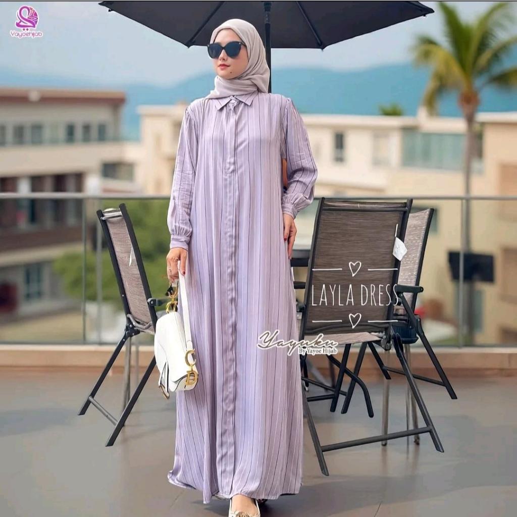 Layla Dress Panjang Stripe Wanita Modis Simple Gamis Kemeja Elegan Bahan Adem