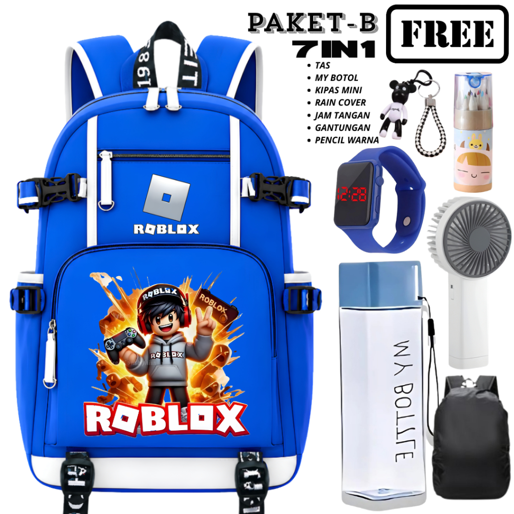 Tas Ransel Roblox Biru Putih 7in1 Backpack Karakter Kartun Premium Lengkap Jam Tangan, Botol, Mini F