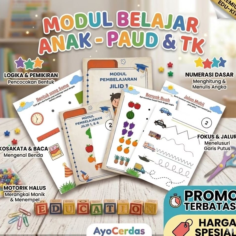 Worksheet Modul Belajar Anak TK A & TK B | Lembar Kerja Anak Usia 4-6 Tahun | Calistung, Menebalkan 