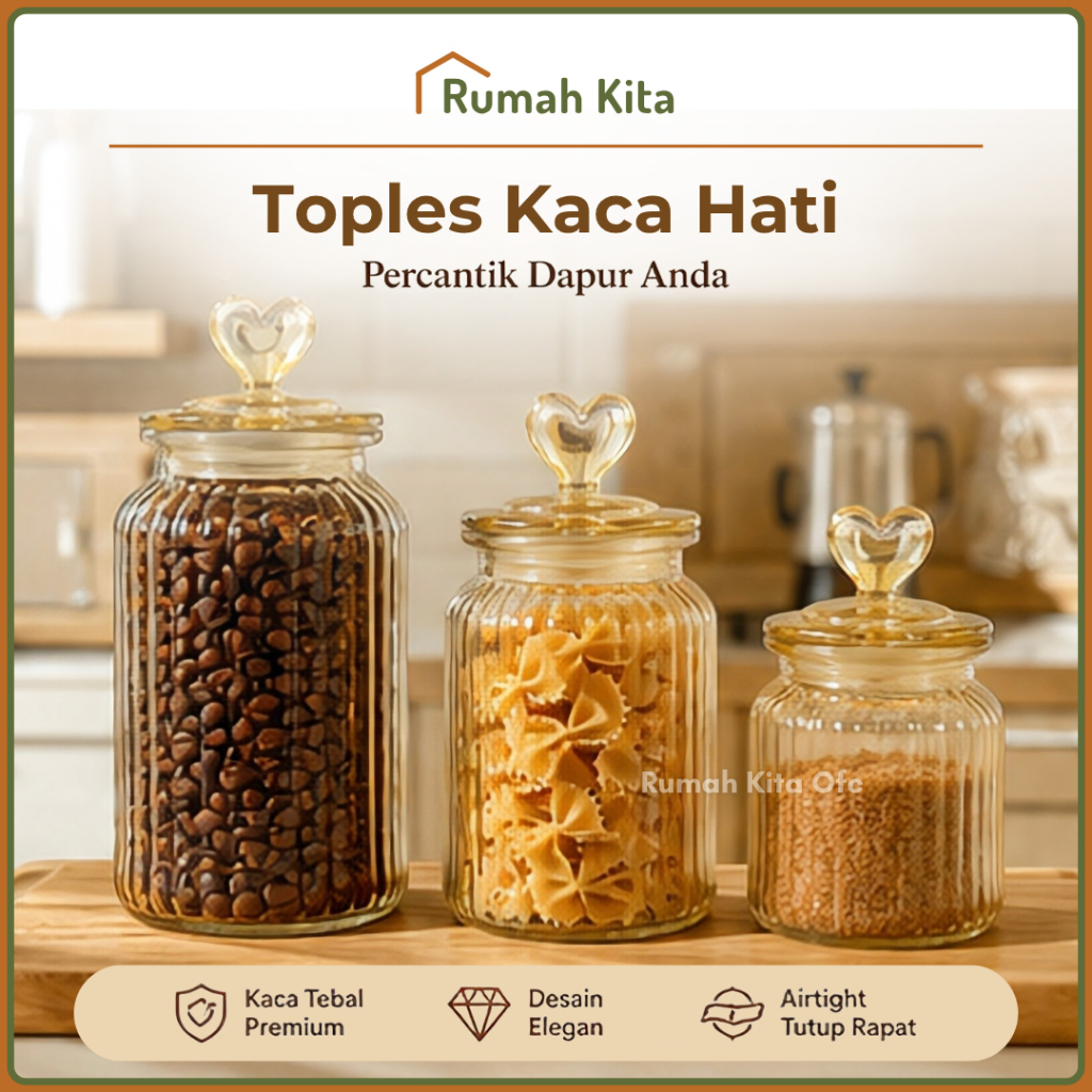 [COD] RUMAHKITA Toples Kaca Hati Love Set 3 Pcs Stoples Tempat Penyimpanan Kue Kering Love Lebaran W