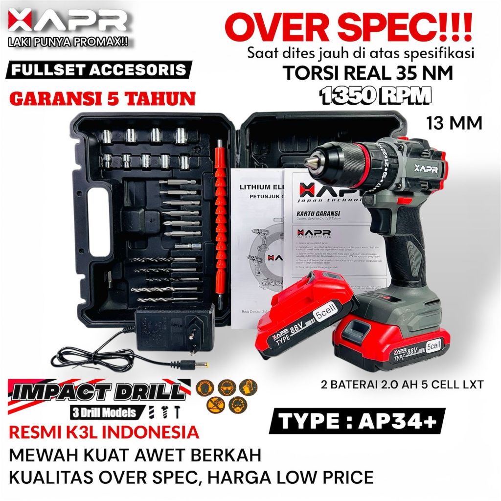 APR PROMO AP34+ Bor Impact Drill 13mm Brushles Cordles Mesin Bor Baterai Tembok Beton Besi Kayu Kuat