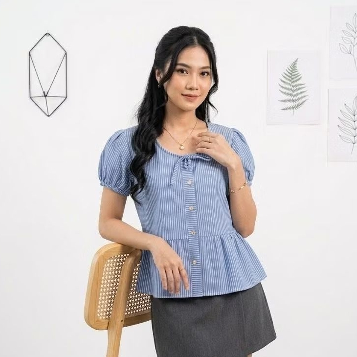Blouse salur lengan balon LOVLYN (0024)
