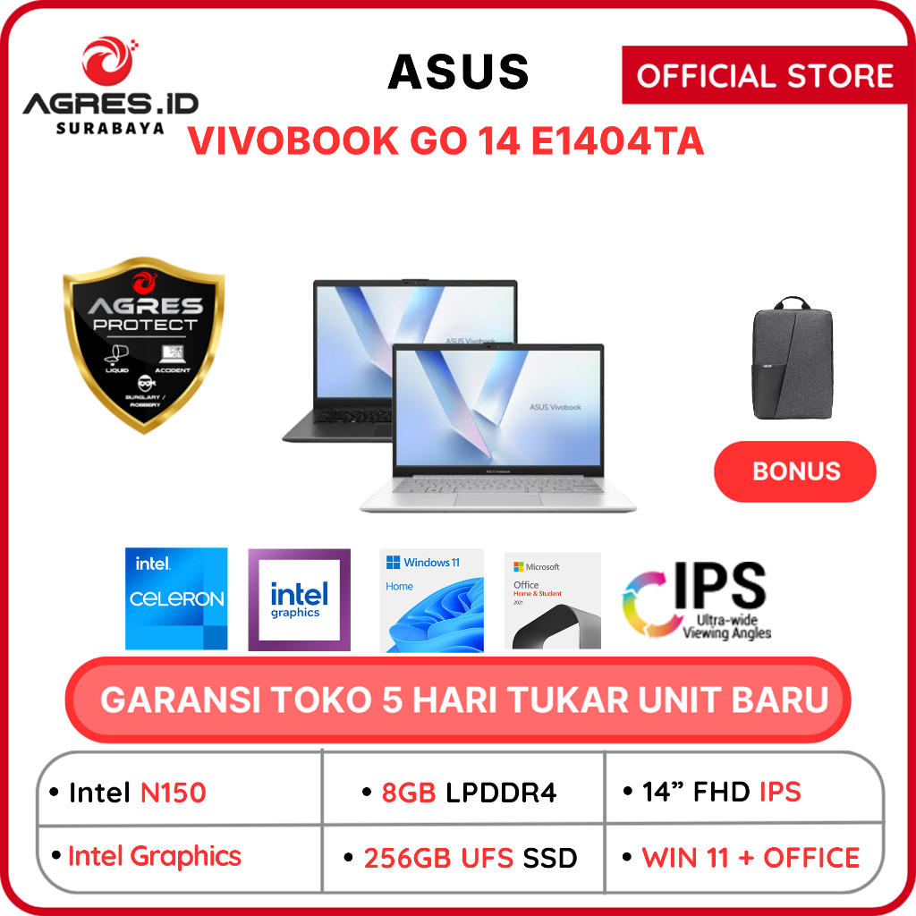 Asus Vivobook Go 14 E1404TA N150 RAM 8GB | 256GB SSD 14.0FHD IPS Windows 11 + Office Garansi Resmi