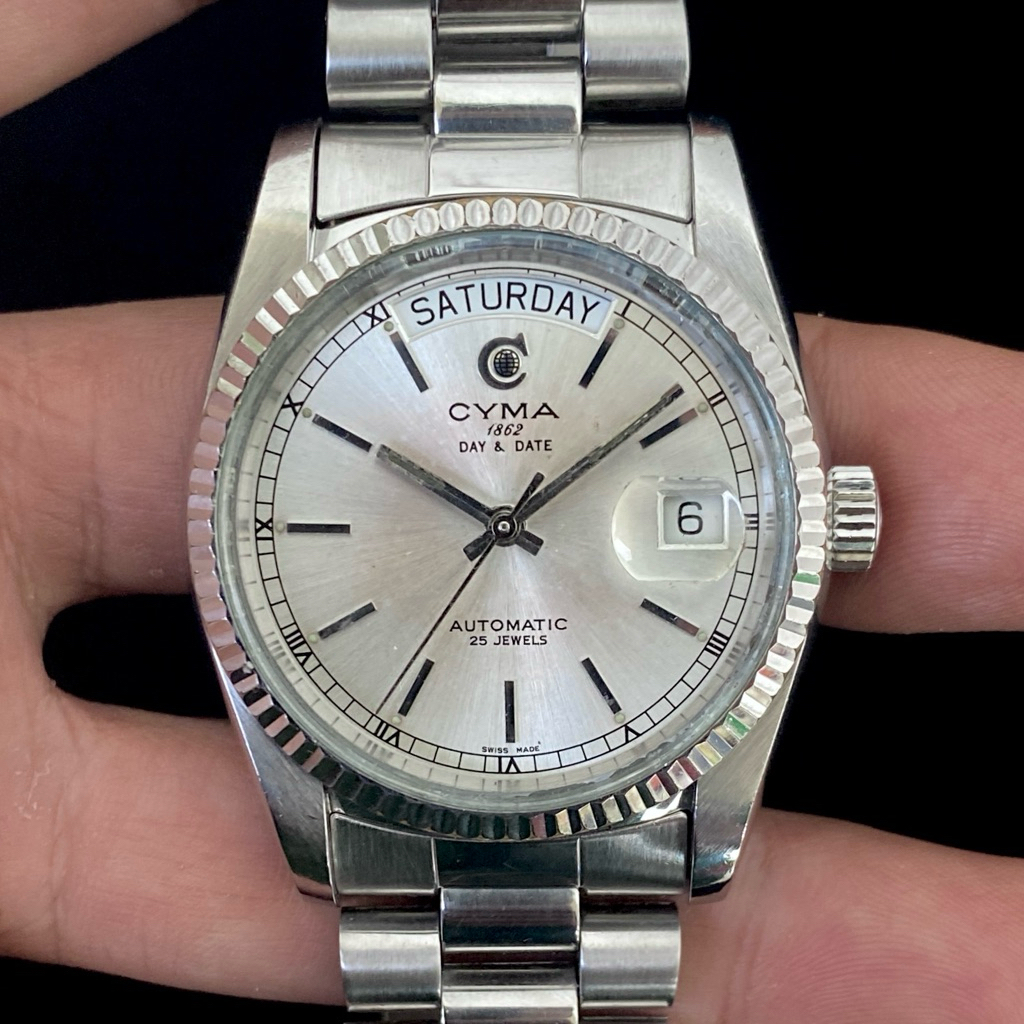Cyma Day & Date President Silver Sunburst Dial Automatic 25 Jewels