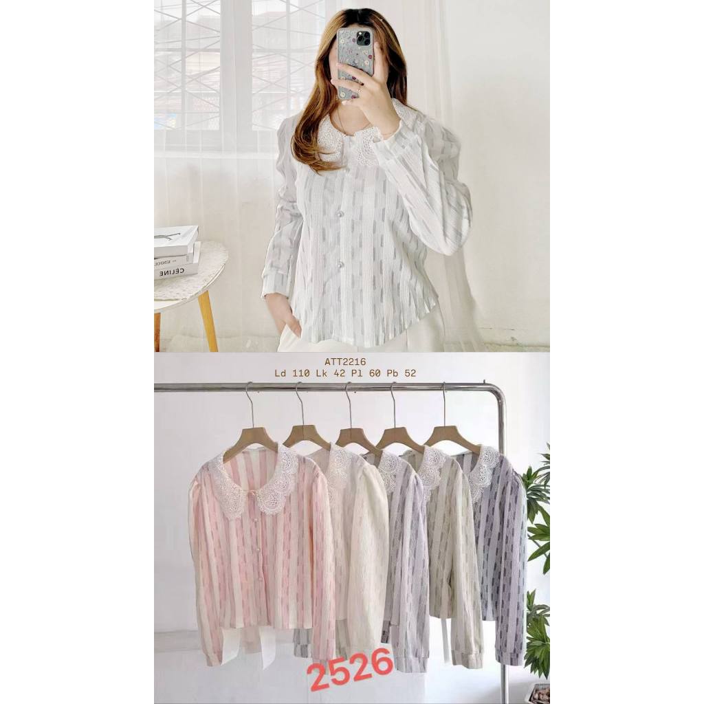 ATT2216 - Blouse Motif Kerah Renda Lebar Vintage Korean Style