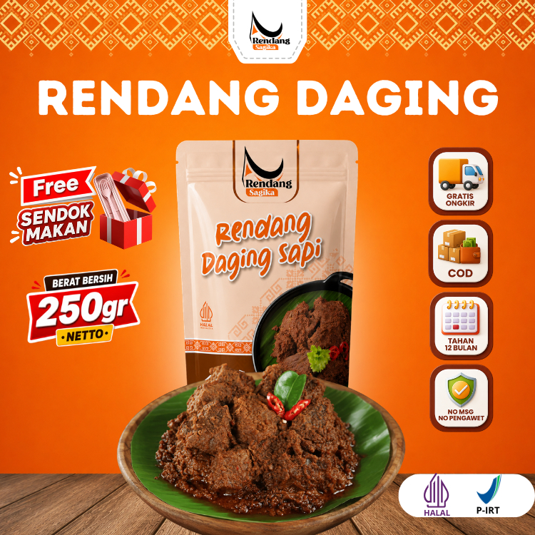 RENDANG SAGIKA - Rendang Daging Sapi Iris kemasan 250gr Asli Minang Rendang kemasan siap saji