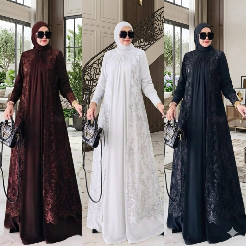 Safwaa Dress Gamis Wanita Elegan Mewah Terbaru Bahan Ceruty Babydoll Mix Brukat Premium Executive