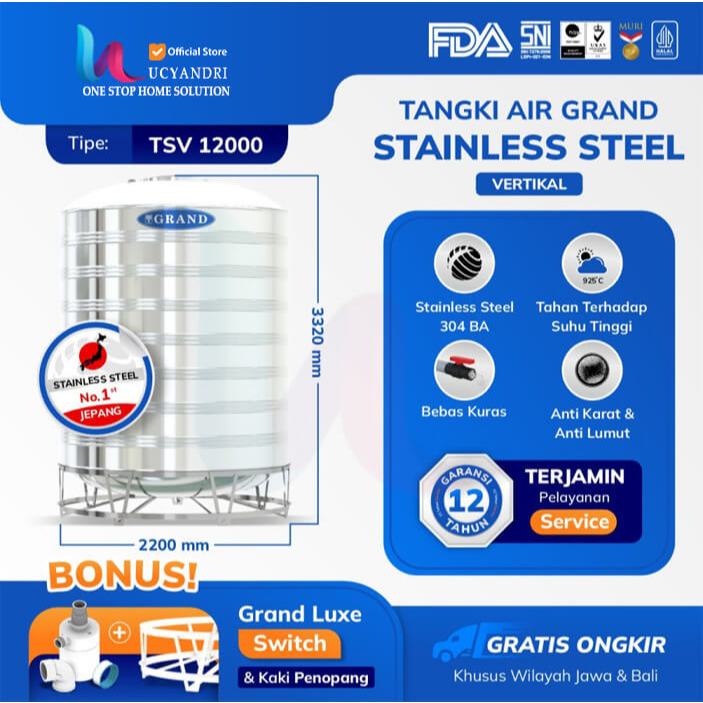 Toren Tandon Tangki Air Stainless Grand Vertical TSV 12000 Kap 11500 L Toren Air Tangki Air Tandon A