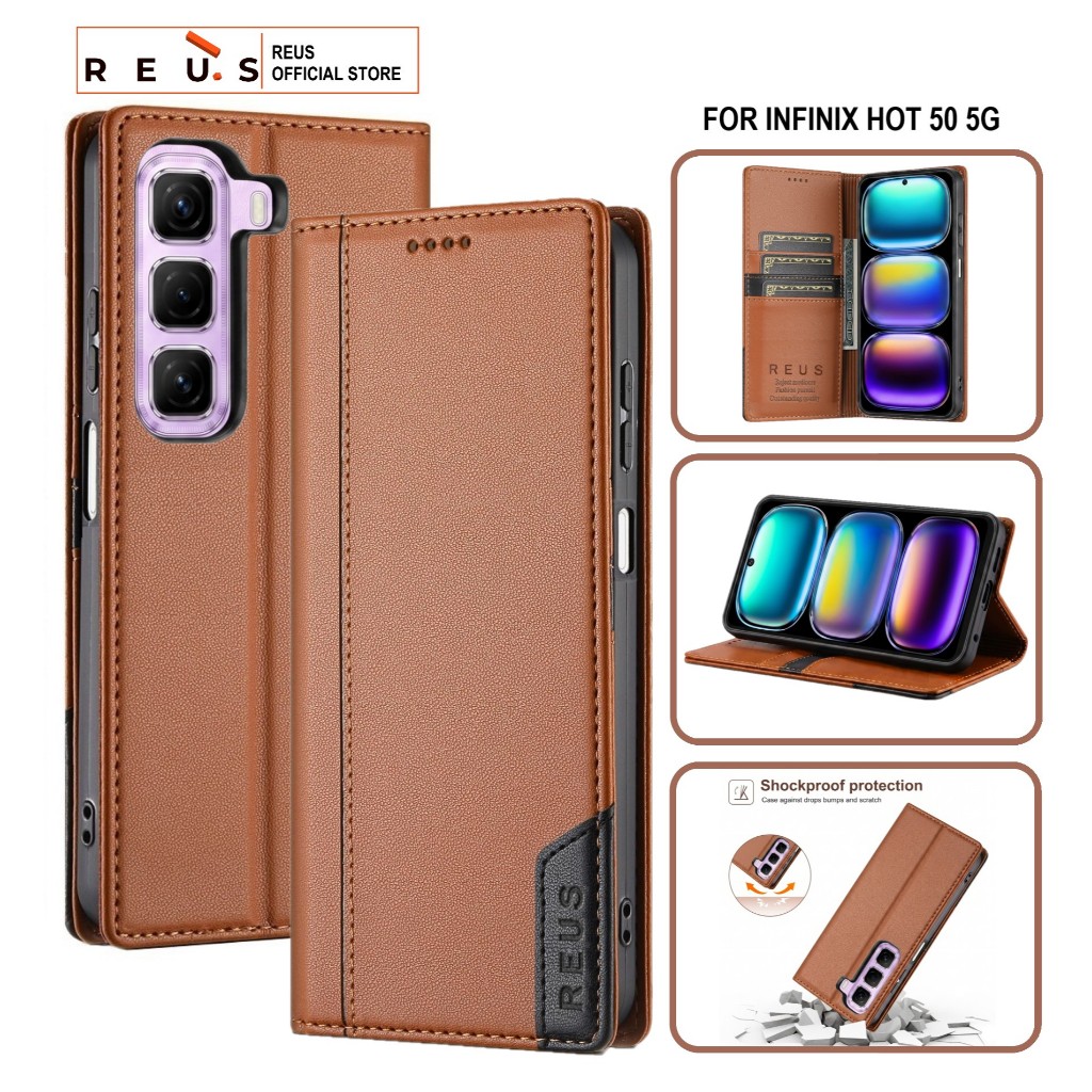 Reus Leather Case Flip Infinix Hot 50 5g Premium Magnet Shockproof Cover - REUS Official Store