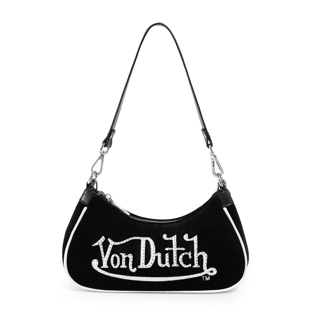 VON DUTCH BLACK & WHITE RHINESTONE VELVET SHOULDER BAG