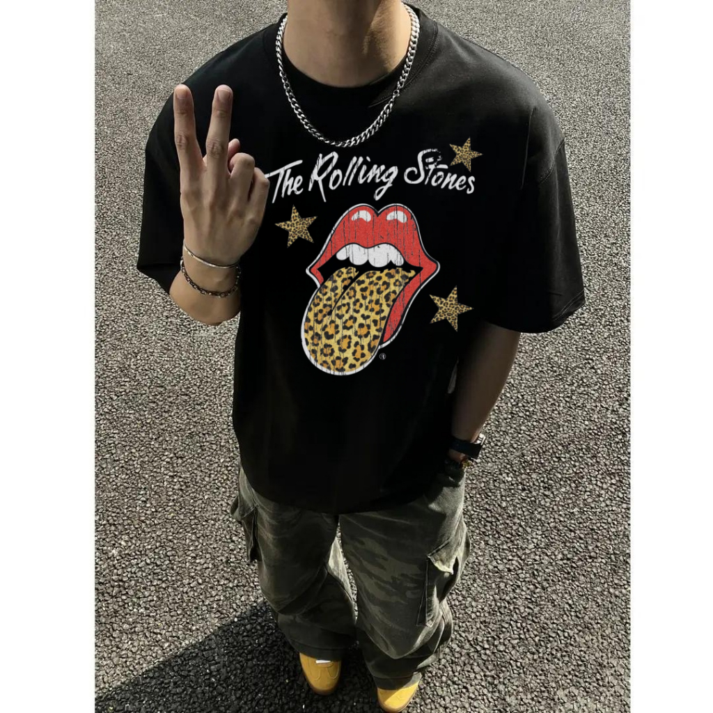 COD Kaos & Kemeja Lidah Macan Tutul Band The Rolling Stones Hitam, Kaos Polo Hitam Bahan Sorona Anti