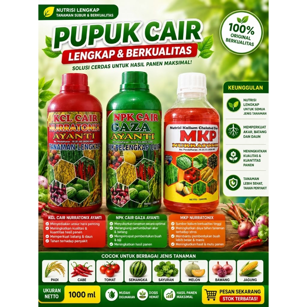Pupuk Cair Lengkap Jayanti + MKP Nurratonix | NPK Cair, KCL Cair & MKP 1000ml | Nutrisi Tanaman Buah