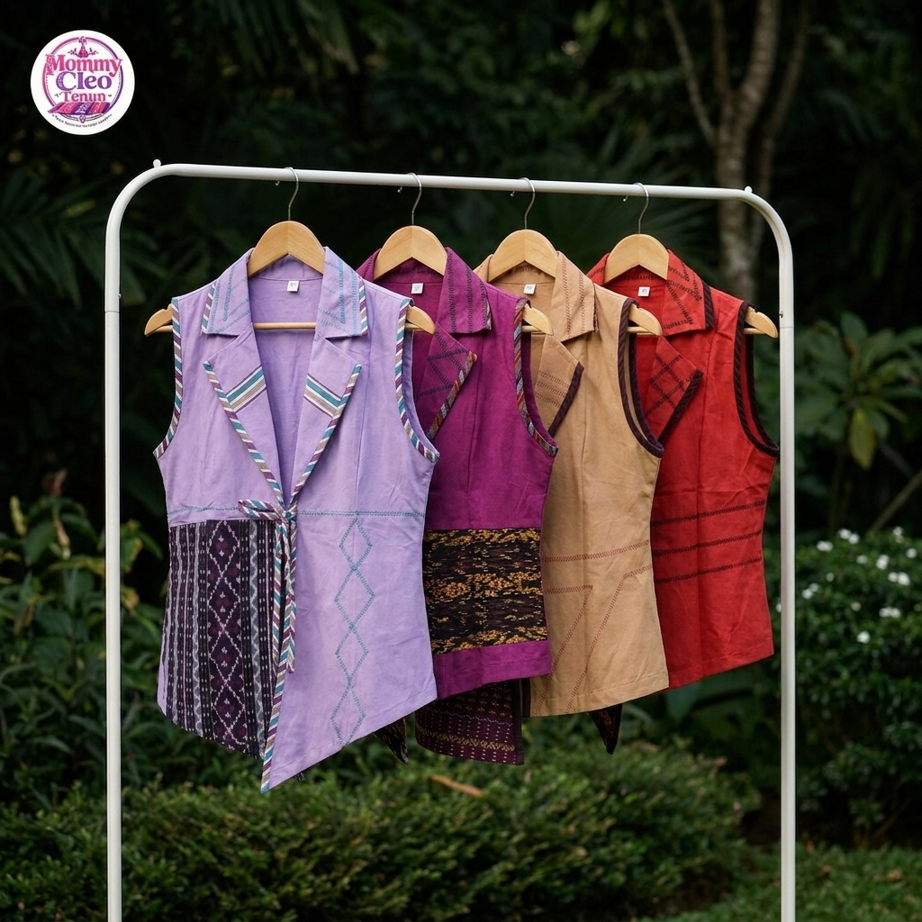 Mommy Cleo Rompi Vest Wanita Tenun NTT - Atasan Outer Etnik Modern Merah Bata Tan Lilac