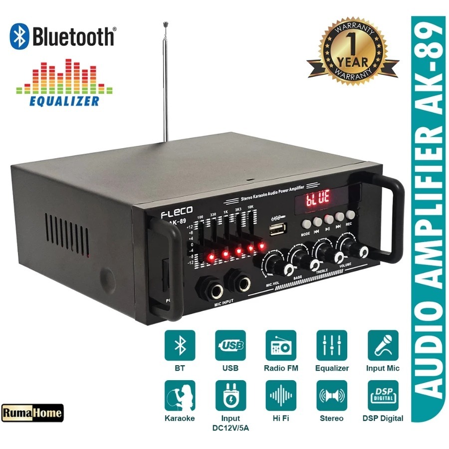 Amplifier Bluetooth Mini 600W dengan Equalizer dan Dua Mikrofon Karaoke FM Radio