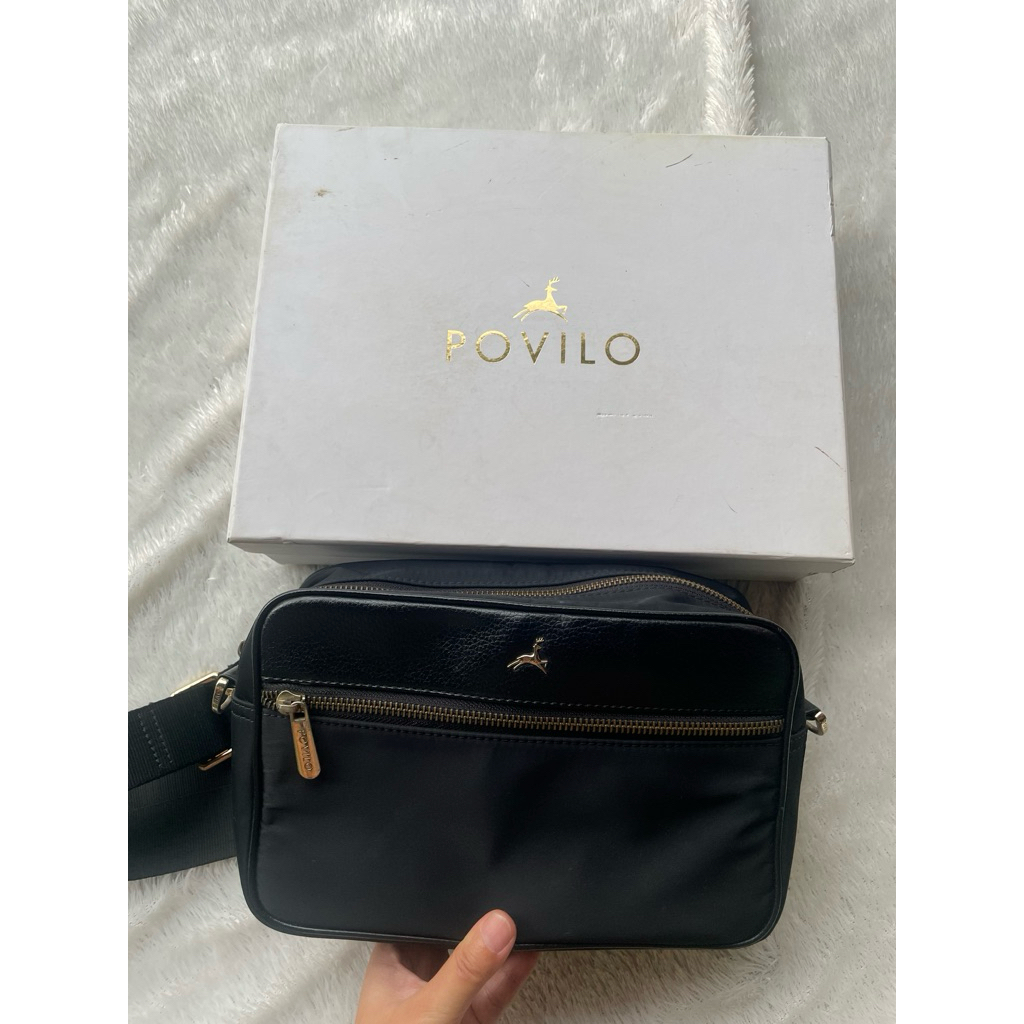 Sling Bag POVILO Hitam bahan Canvas Lengkap BOX