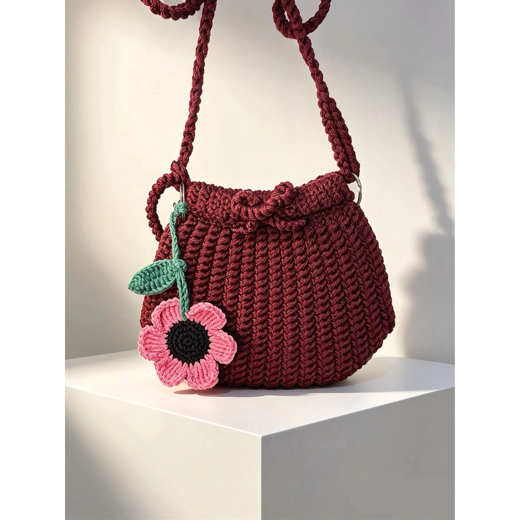 TAS RAJUT TANGAN WARNA MERAH MARUN - ELEGAN & UNIK