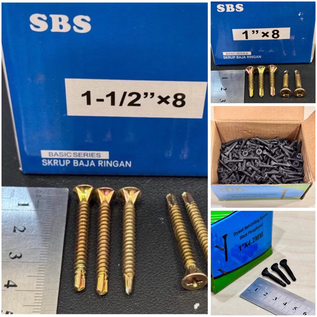 harga 360pc & 250pcs ( 1kotak ) SDS KUNING SBS - HITAM FIT 1” & 1,5” inci // Baut sekrup gipsum kepa