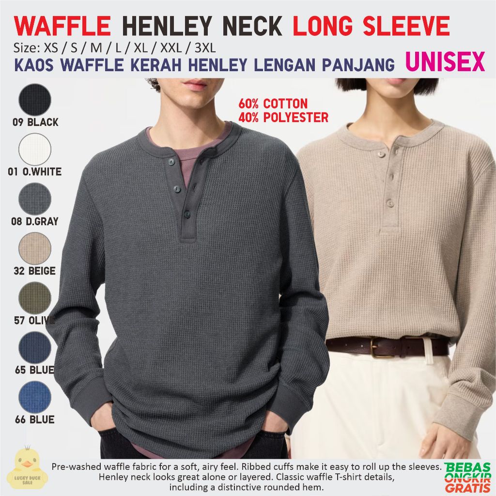 UNIQLO Waffle Henley Neck Long Sleeve Shirt Unisex Kaos Kerah Kancing Lengan Panjang Katun Casual