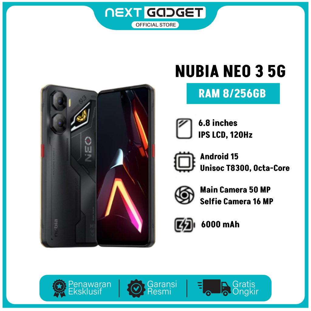 NUBIA Neo 3 5G - 8/256GB - Gaming T8300 5G Octa-core - 6000 mAh Fast Charging 33W - Garansi Resmi
