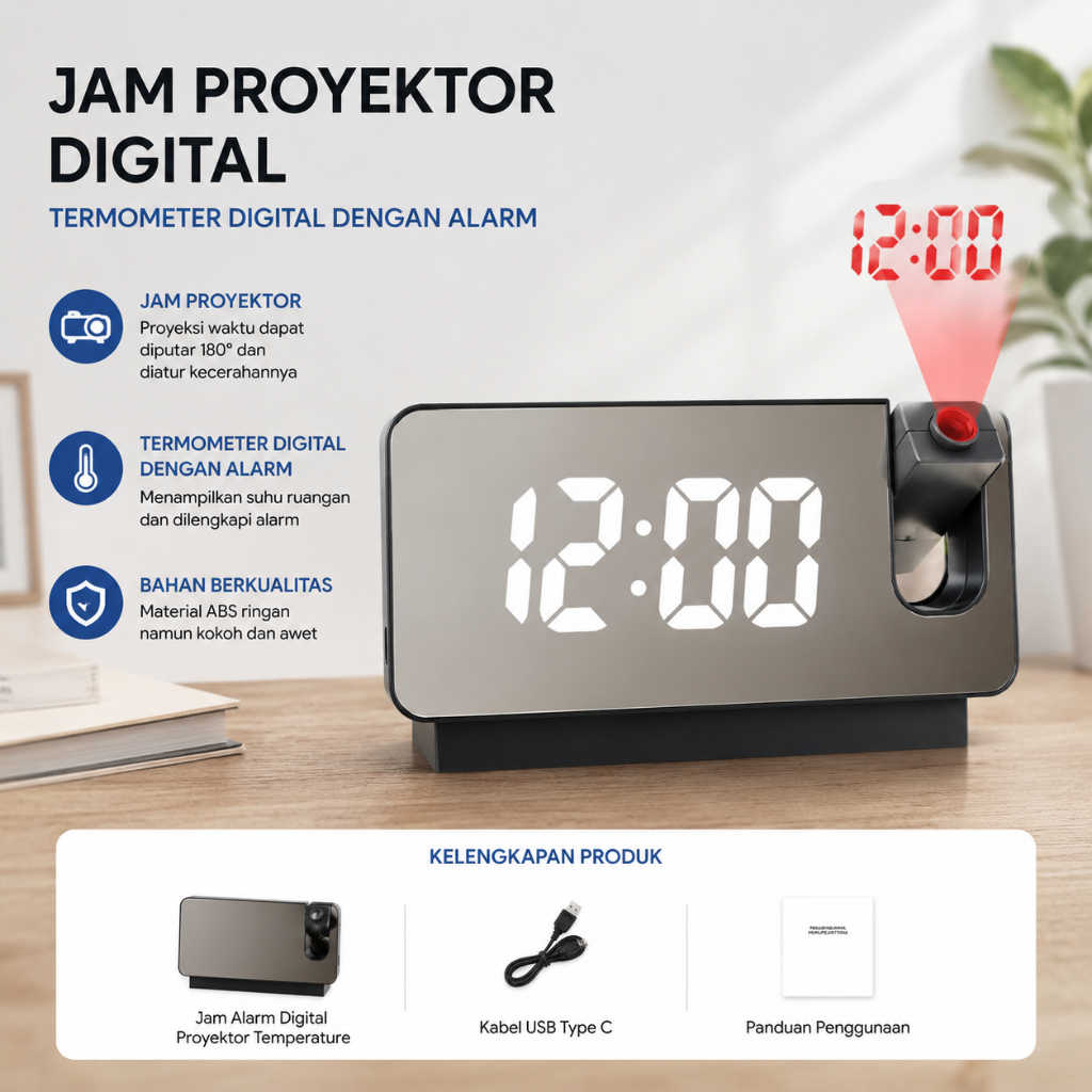 Jam Beker Weker Alarm Tidur Suara Keras Aesthetic Digital Proyektor Temperature - S282A