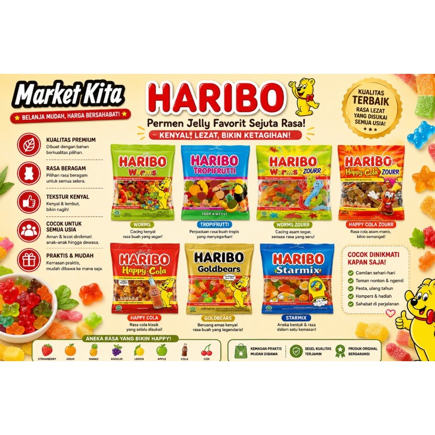Haribo Gummy Candy Permen 80g Worms Zour Tropifrutti Starmix  Gold Bear | HALAL |