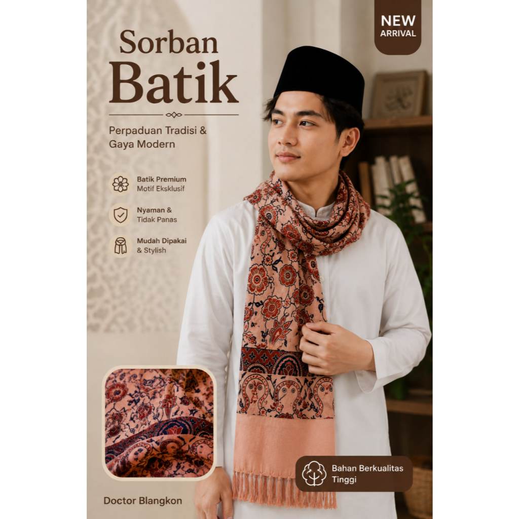 Sorban Kasmir Motif Batik Terompah Rida Habib Umar bin Hafidz Full Printing Halusan Surban Hadramaut