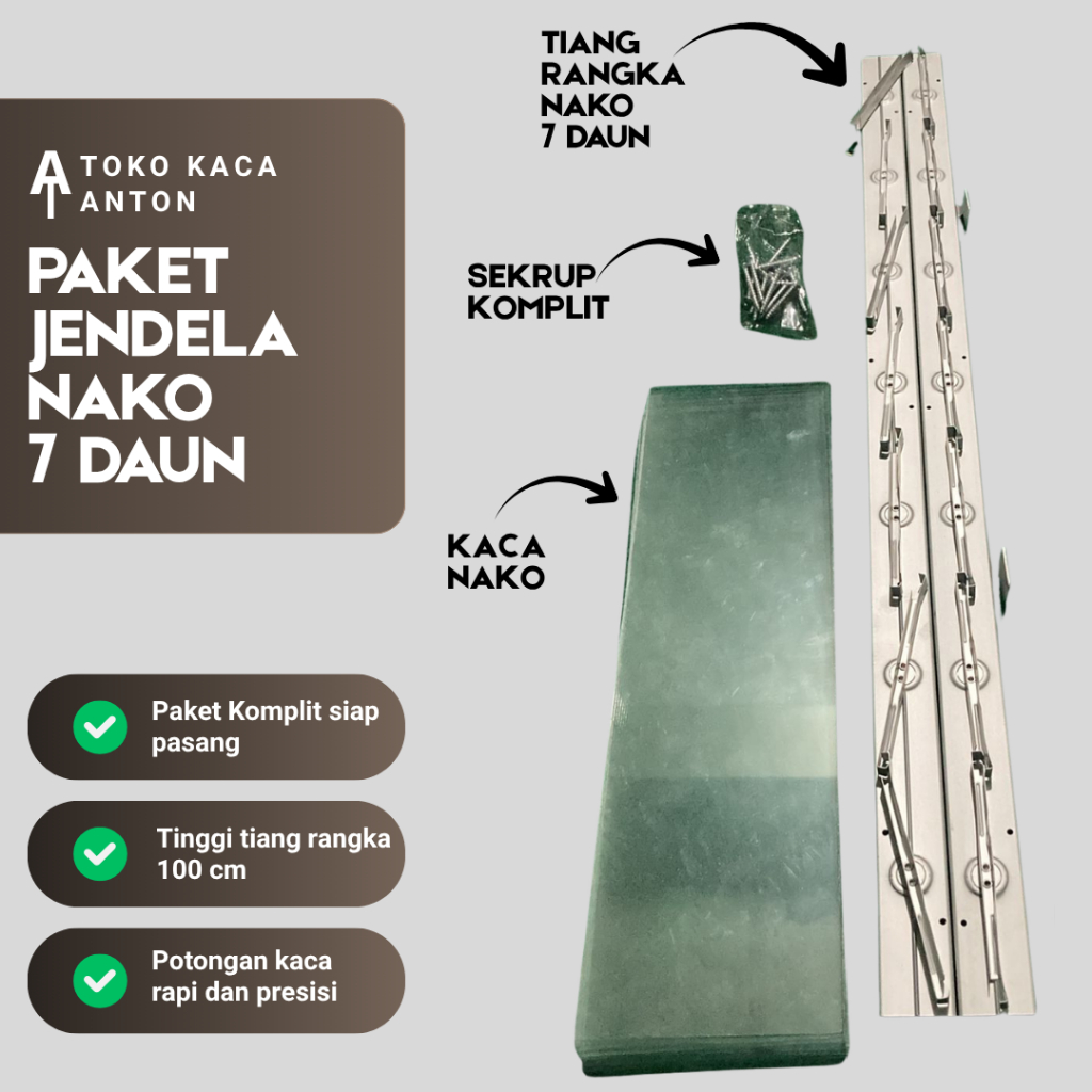 Paket Jendela Nako | Tiang Rangka Nako 7 Daun Merk Bagus Include Kaca Nako Polos 7 Pcs dan Sekrup Ko