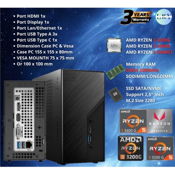 Asrock DeskMini X300 Case + Power + Motherboard + CPU Cooler - AMD Ryzen 3, 5, 7