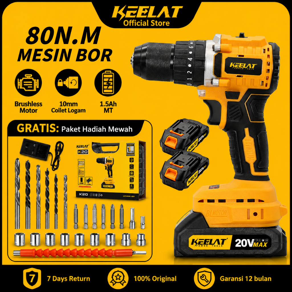 KEELAT Mesin Bor 20V 13mm Mesin Bor KCD005/KCD009/KCD007/KCD008/KCD011/KCD012/KCD014s Brushless 3in1