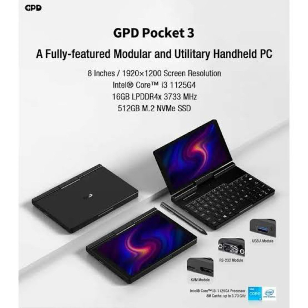GPD Pocket 3 PC Mini Layar 8 Inci Intel Core i3 1125G4 16GB 512GB