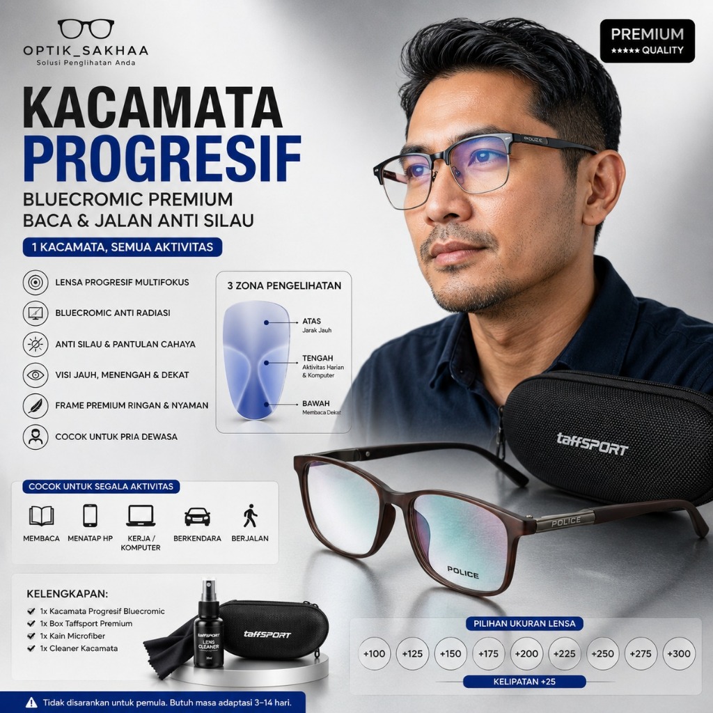 POLICE Kacamata Progresif Plus Baca Dan Jalan Photocromic  Anti Radiasi Usia 40 Ke Atas+100+125+150