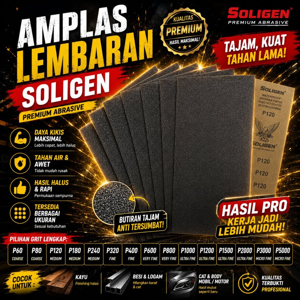 Amplas Lembaran SOLIGEN Kertas Poles Duco Abrasive Paper Tahan Air dan Tahan LamaUkuran Grit Lengkap