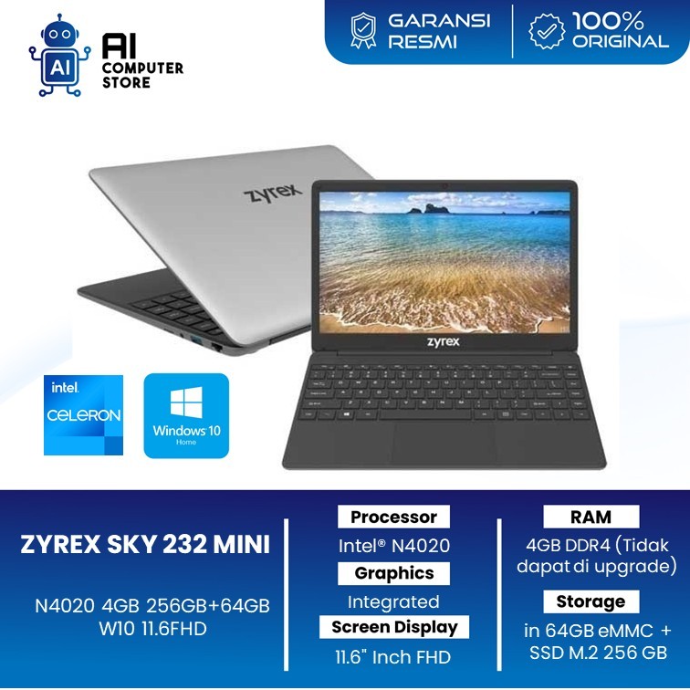 ZYREX SKY 232 MINI N4020 4GB 256GB+64GB W10 11.6FHD BT 2Y BLACK GREY