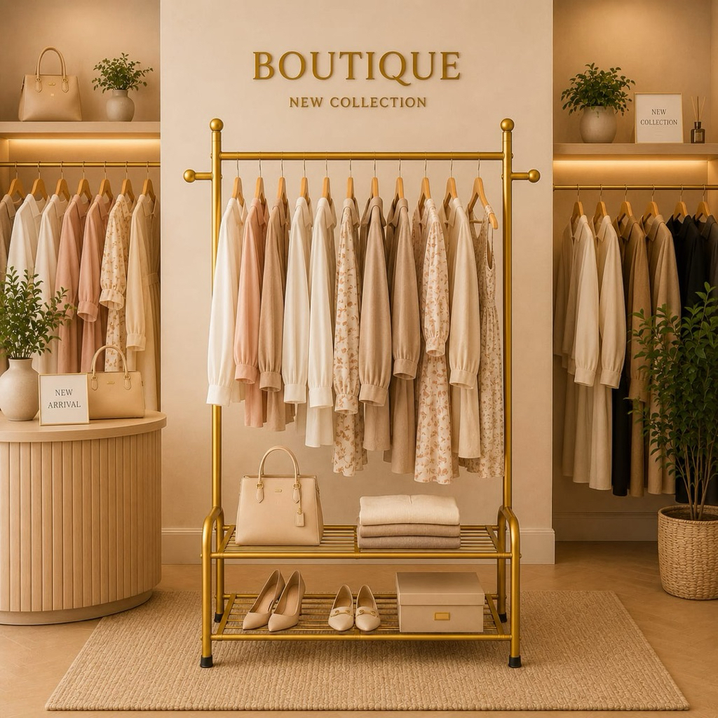 Rak Gantungan Baju Gold Premium 2 Susun Multifungsi – Rak Display Butik, Rak Pakaian, Tas & Sepatu M