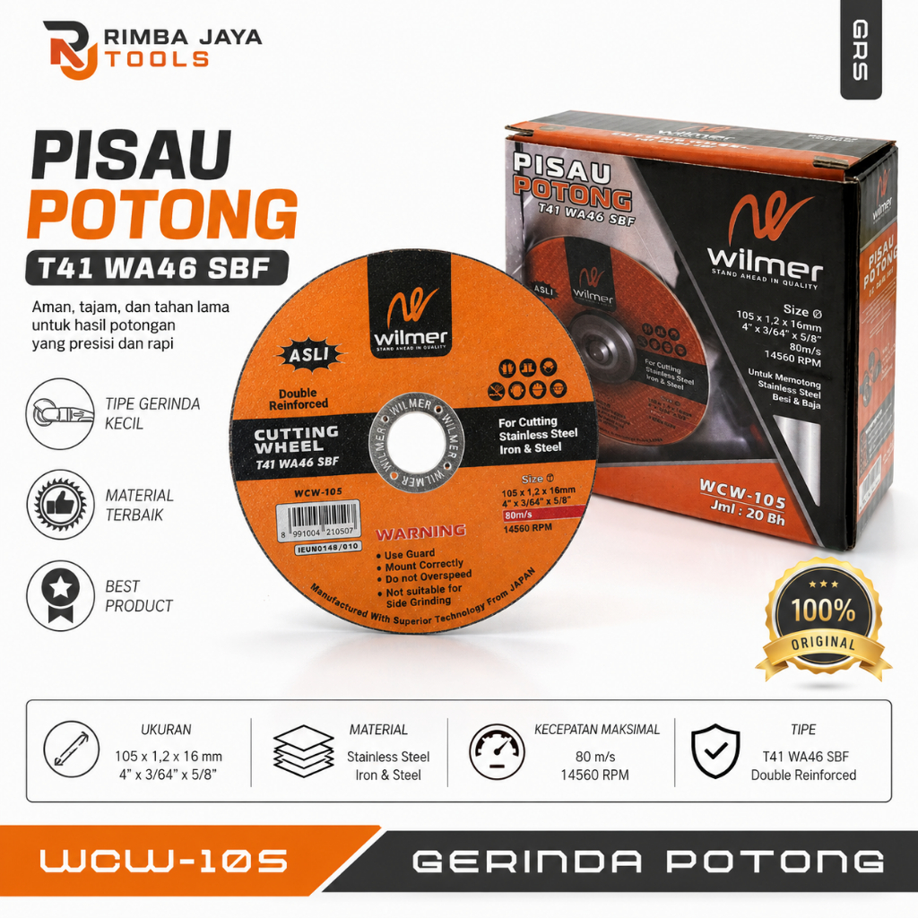 [ 20 PCS ] Batu Kating WILMER  Untuk Potong Besi Dan Stainlesss Cutting tipis WD 4"x1,2 1 PCS
