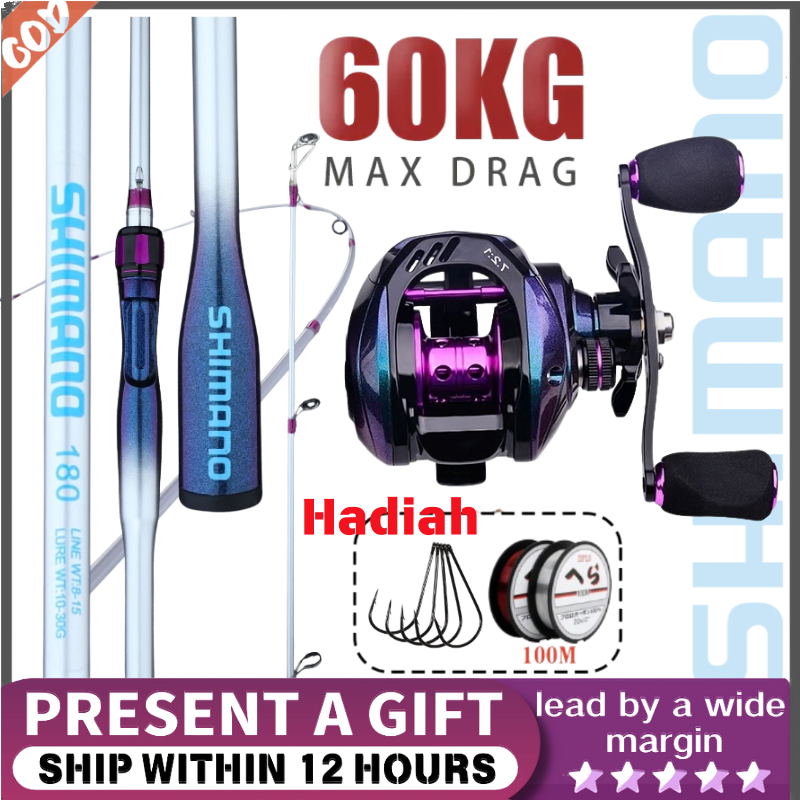 Joran Casting Ungu + Reel Baitcasting 7.2:1 - Paket Lengkap Perlengkapan Pancing Lure - Bonus Senar 