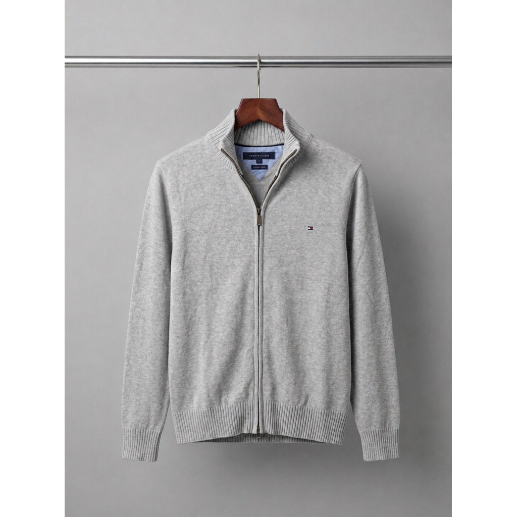 Tracktop Tommy Hilfiger Double Zipper Grey Rajut Mewah Pria
