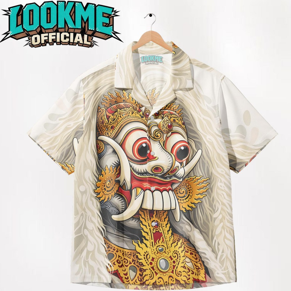 LOOKME Kemeja Fullprint Motif Rangda Putih Lengan Pendek