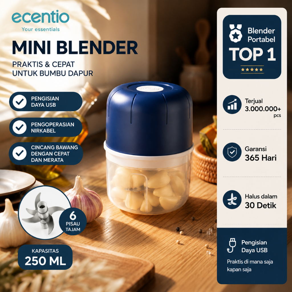 ecentio Mini Chopper Blender 6 pisau 250ml Portable Penggiling Bumbu Dapur Portable Penumbuk bawang 
