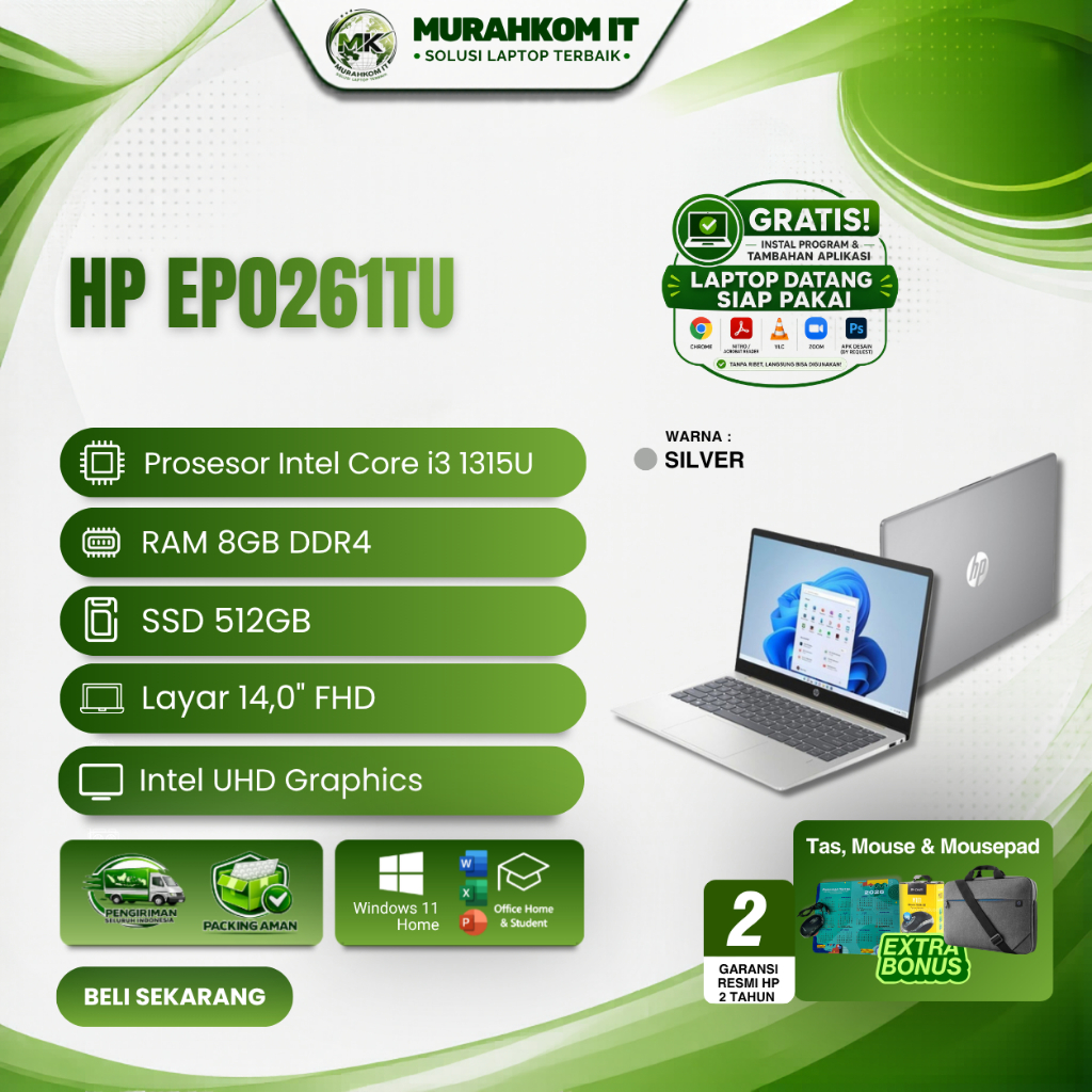 HP 14 EP0261TU i3 1315U RAM 8GB SSD 512GB LAYAR 14Inch FHD WIN 11 Home + OHS 2024