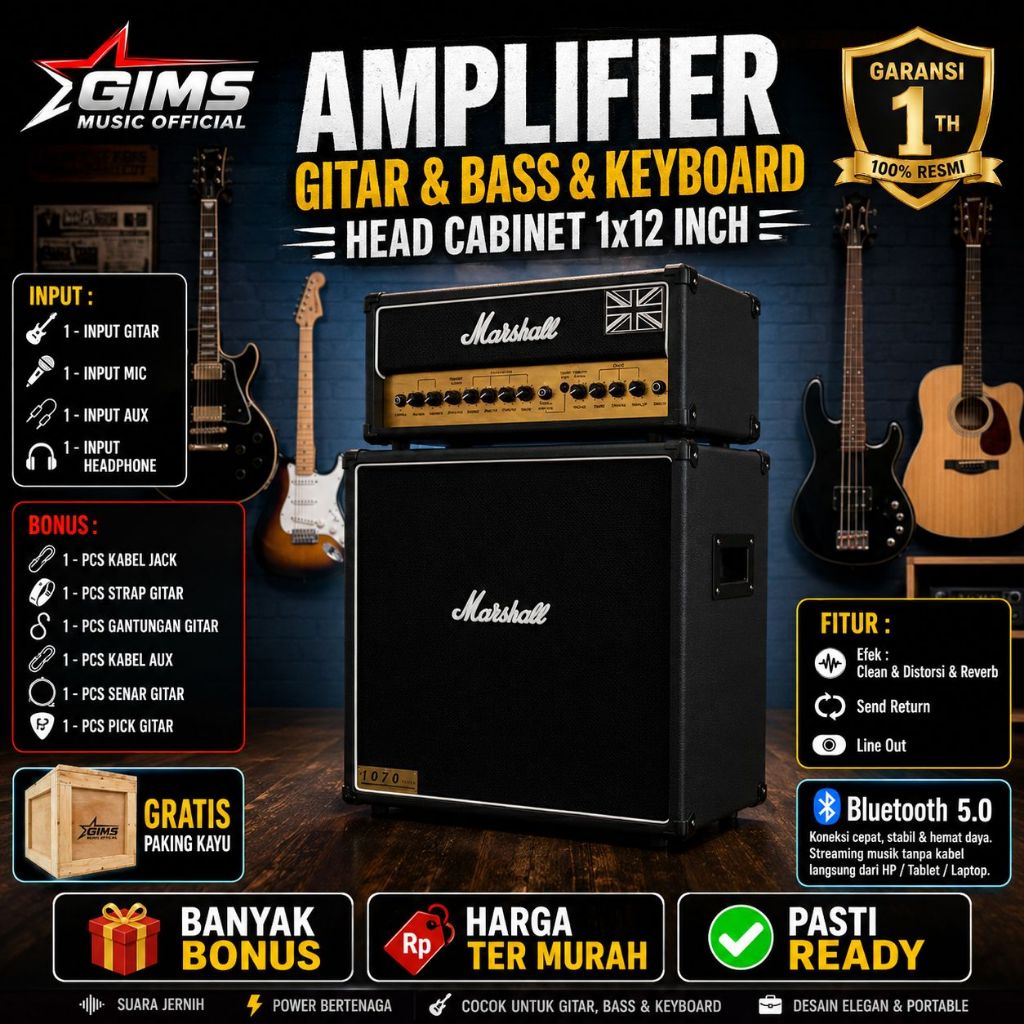 Ampli Gitar & Bass & Keyboard 12 Inch Bluetooth Bisa Untuk Karaoke Bonus Kabel Jack