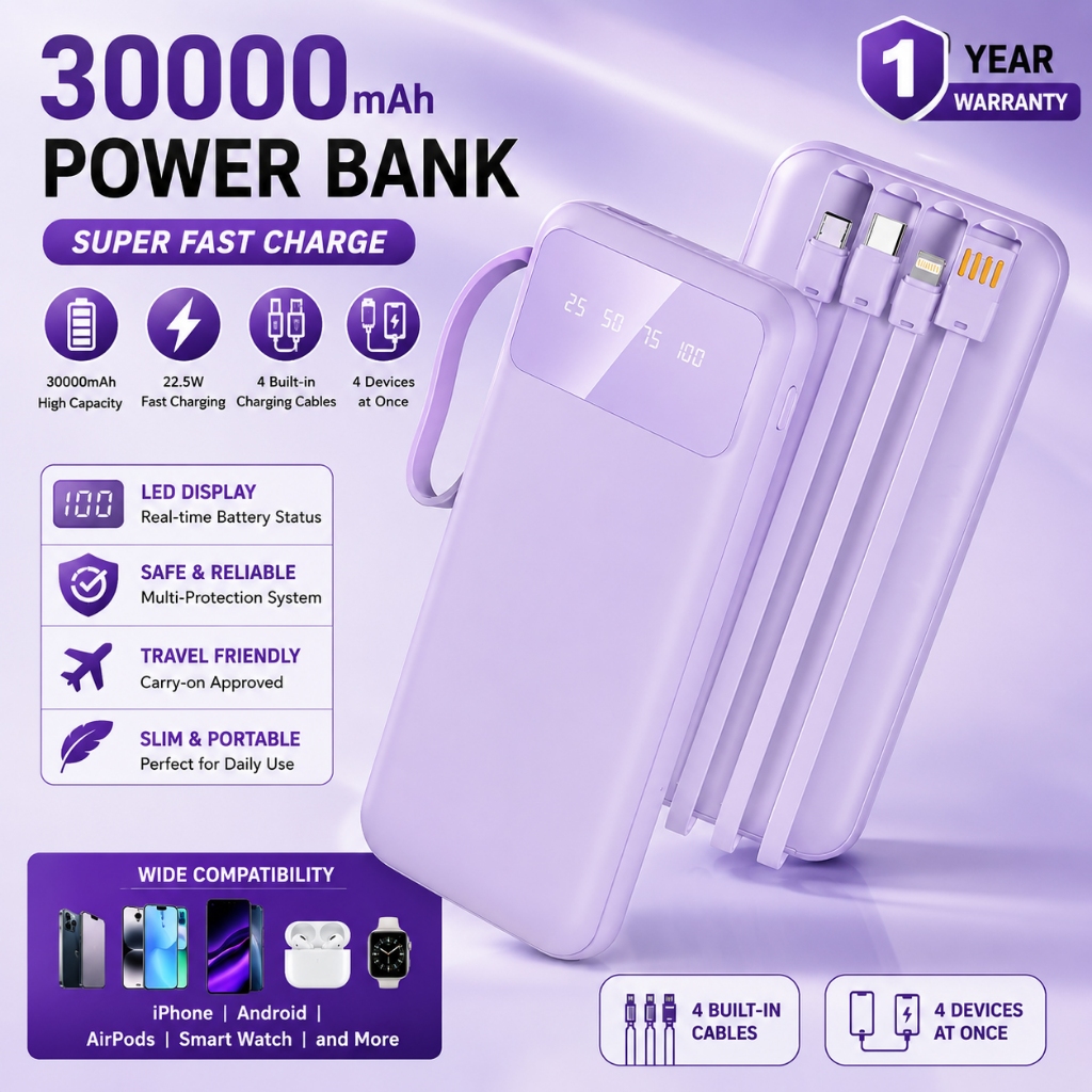YIBAO LENTIVEN 30000mAh Powerbank Mini Fast Charging 4 KABEL Lightning & Type C For Iphone/Android B