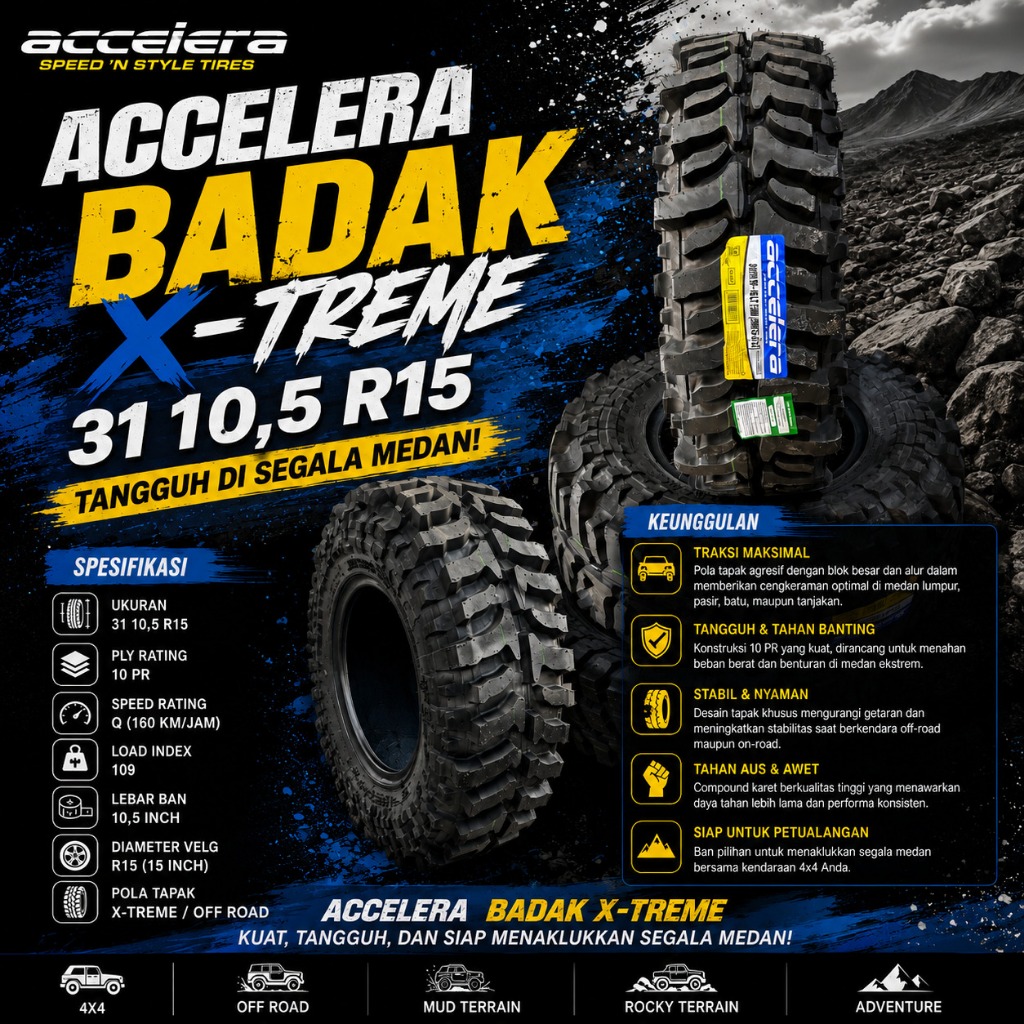 Ban mobil Offroad ring 15 ukuran 31 x 10,5 r15 merk Accelera Badak Extreme